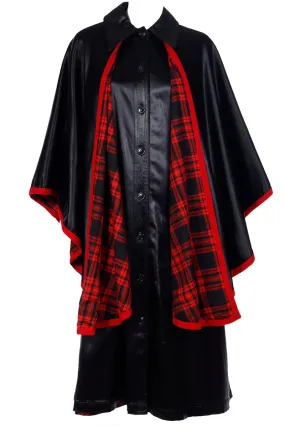 1970s Yves Saint Laurent YSL Vintage Black Dress w/ Attached Cape Lined in Red Plaid