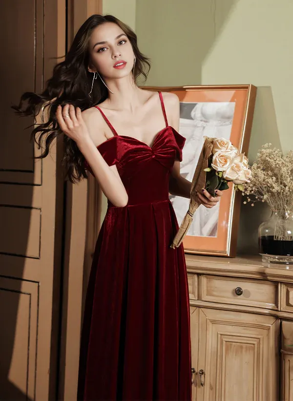 A-Line Velvet Simple Sweetheart Off Shoulder Party Dress Velvet Prom Dress Wedding Guest Party Dresses