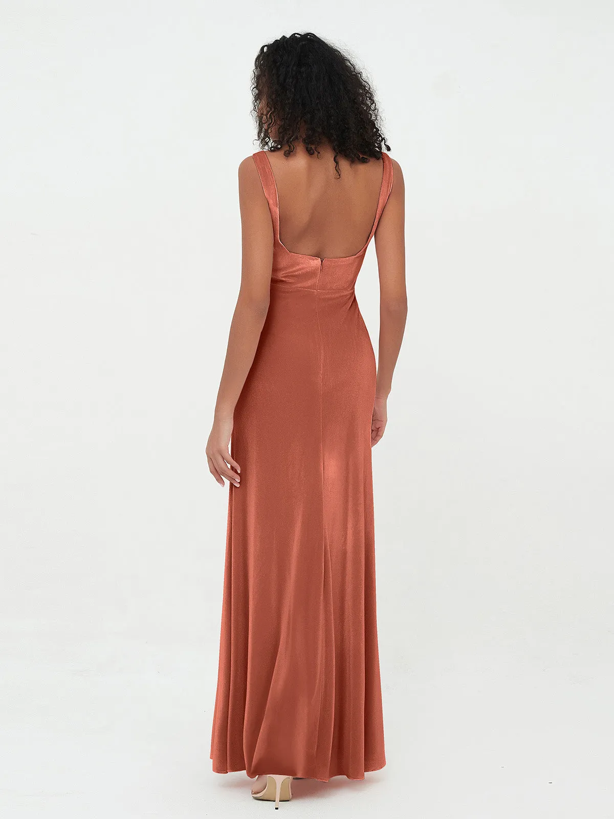 Bateau Neck Mermaid Long Velvet Dresses Rust