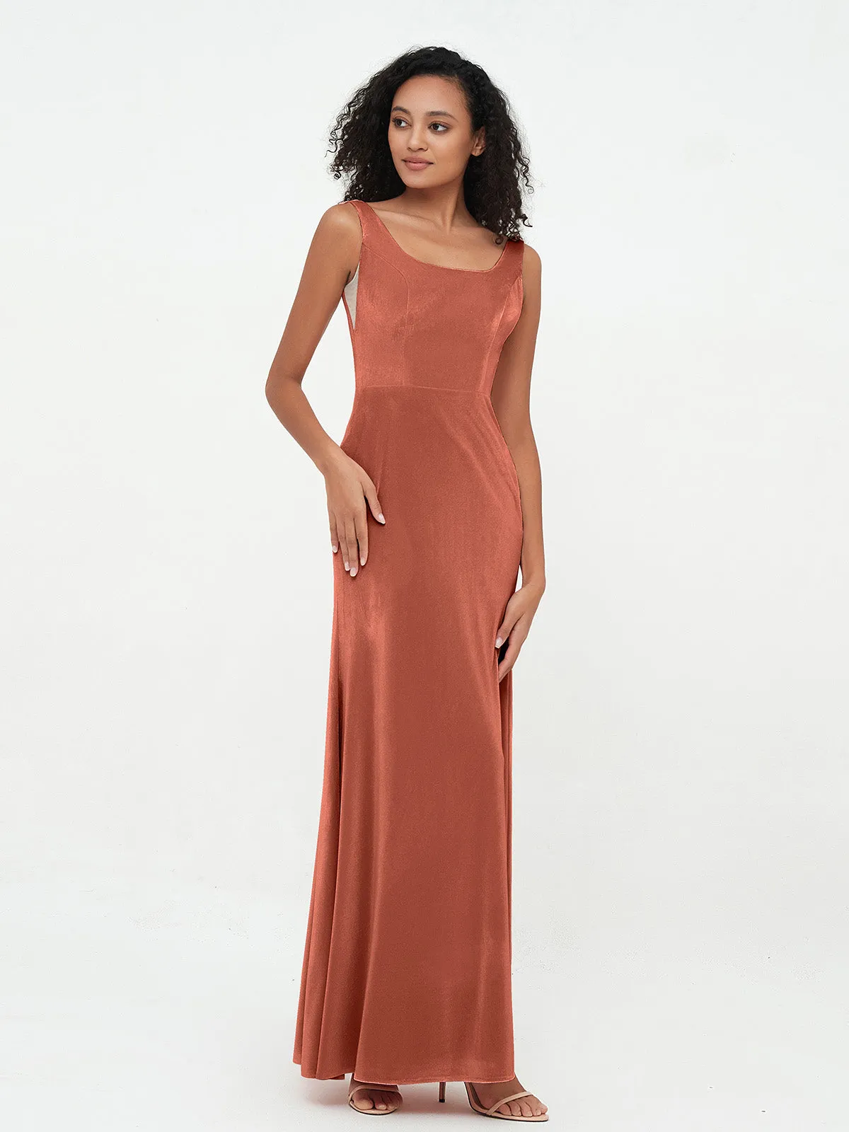 Bateau Neck Mermaid Long Velvet Dresses Rust