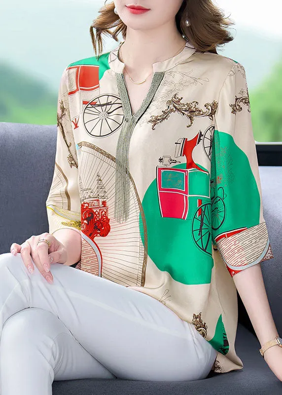 Beautiful Khaki V Neck Print Patchwork Silk Shirts Tops Bracelet Sleeve LY6724