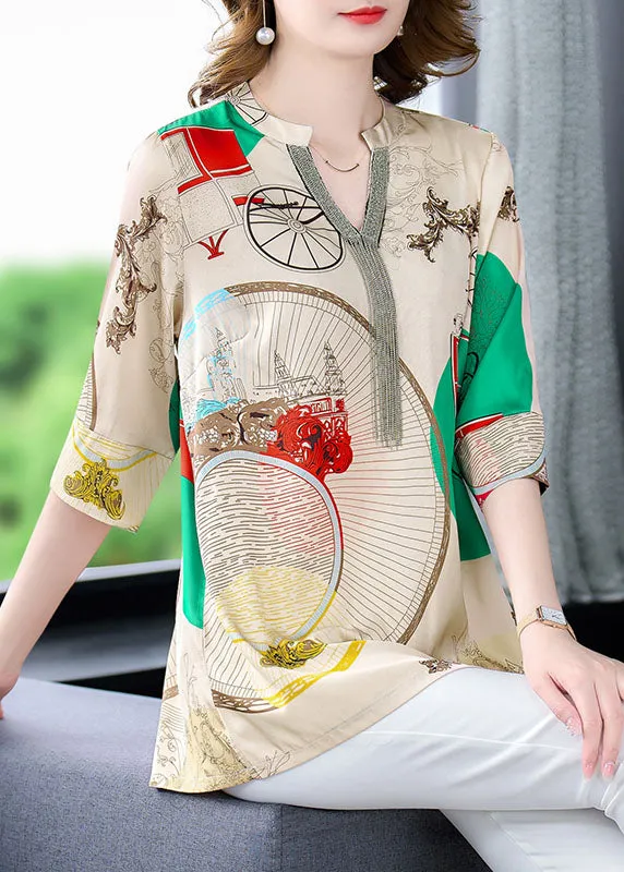 Beautiful Khaki V Neck Print Patchwork Silk Shirts Tops Bracelet Sleeve LY6724