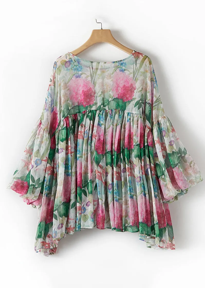 Beautiful Multicolor O-Neck Print Patchwork Silk Tops Summer TR009