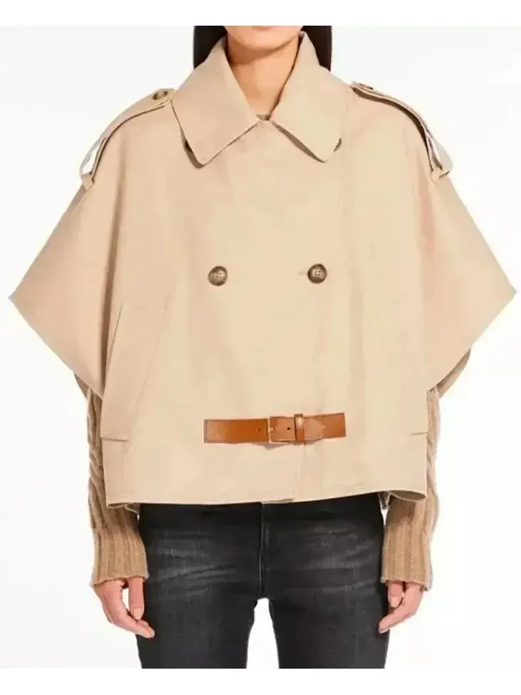 Beige Short-Sleeve Trench Jacket with Buckled Leather Belt Tab