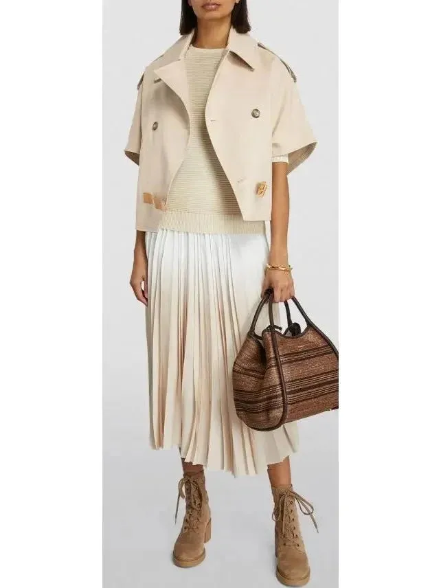 Beige Short-Sleeve Trench Jacket with Buckled Leather Belt Tab