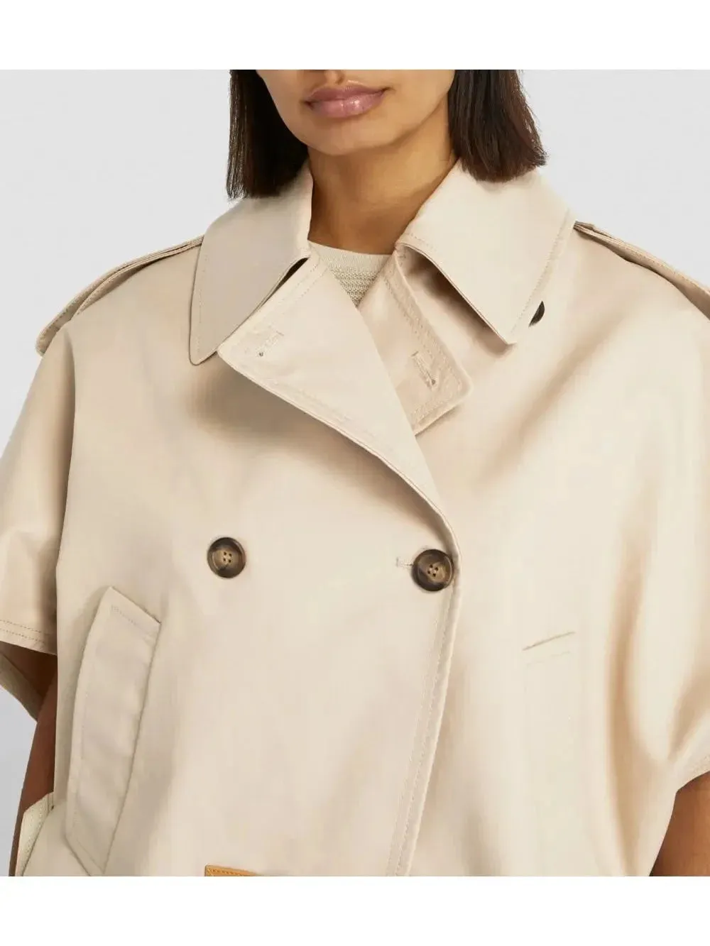 Beige Short-Sleeve Trench Jacket with Buckled Leather Belt Tab