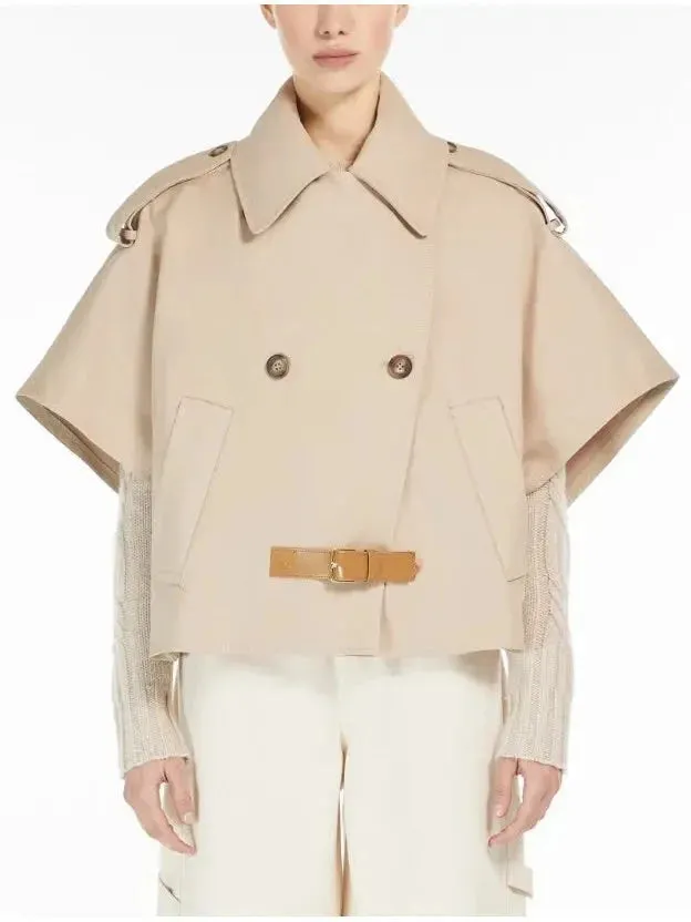 Beige Short-Sleeve Trench Jacket with Buckled Leather Belt Tab