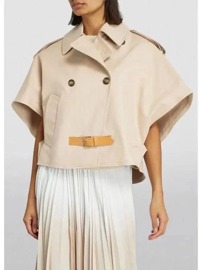 Beige Short-Sleeve Trench Jacket with Buckled Leather Belt Tab