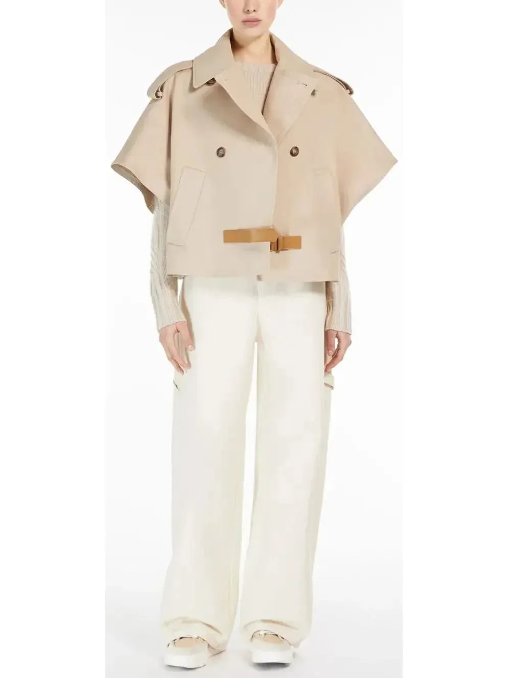 Beige Short-Sleeve Trench Jacket with Buckled Leather Belt Tab