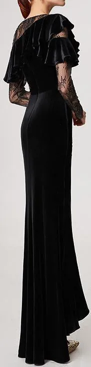 Black Lace and Velvet Embellished Ruffle Gown