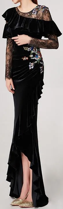 Black Lace and Velvet Embellished Ruffle Gown