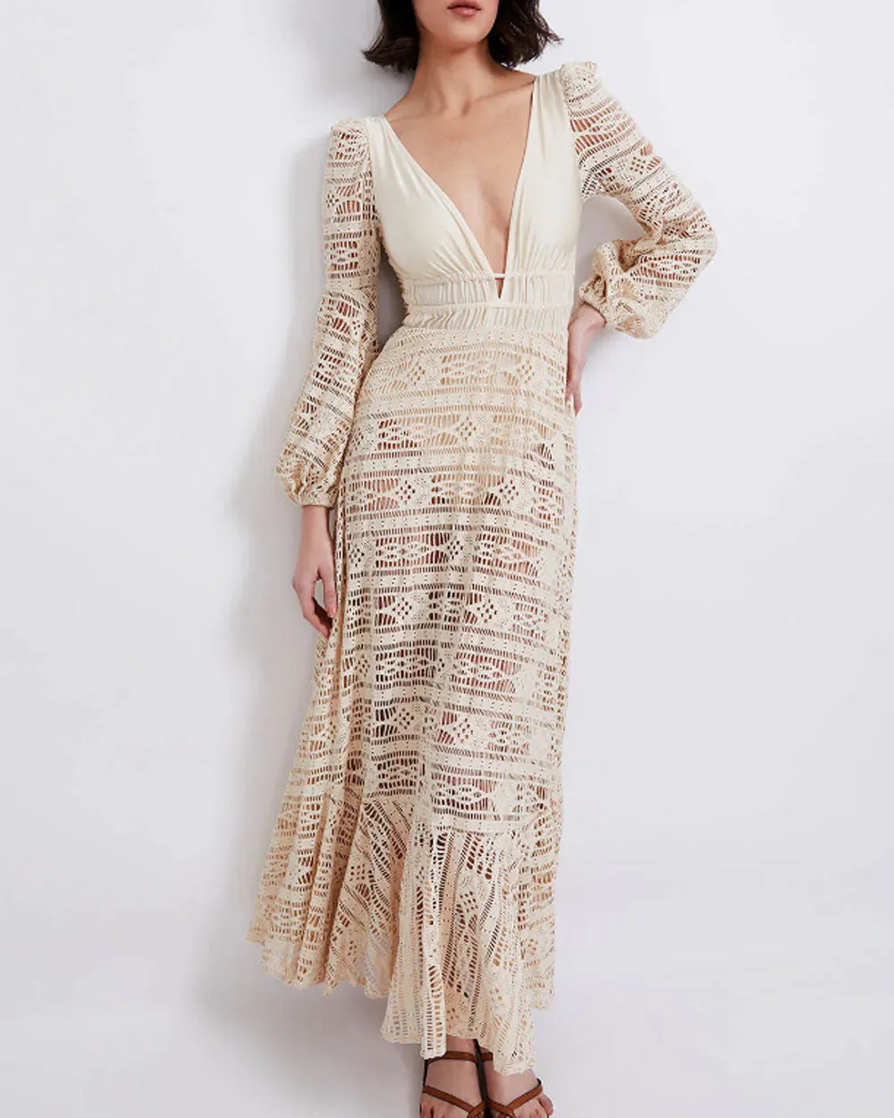 Bone V Neck Crochet Beach Maxi Dress