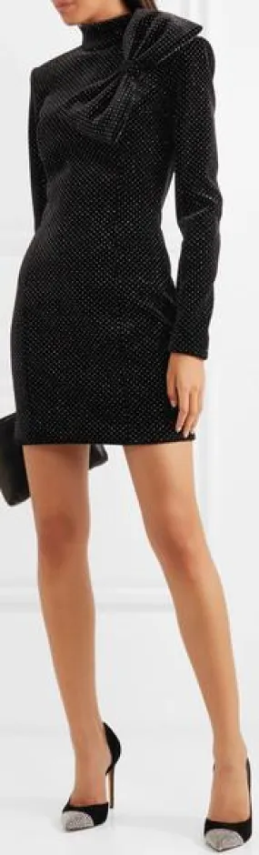 Bow-detailed glittered Velvet Mini Dress