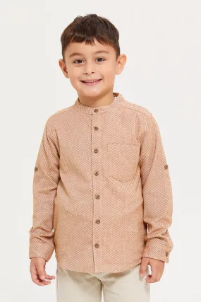 Boys Brown Mandarin Collar Shirt