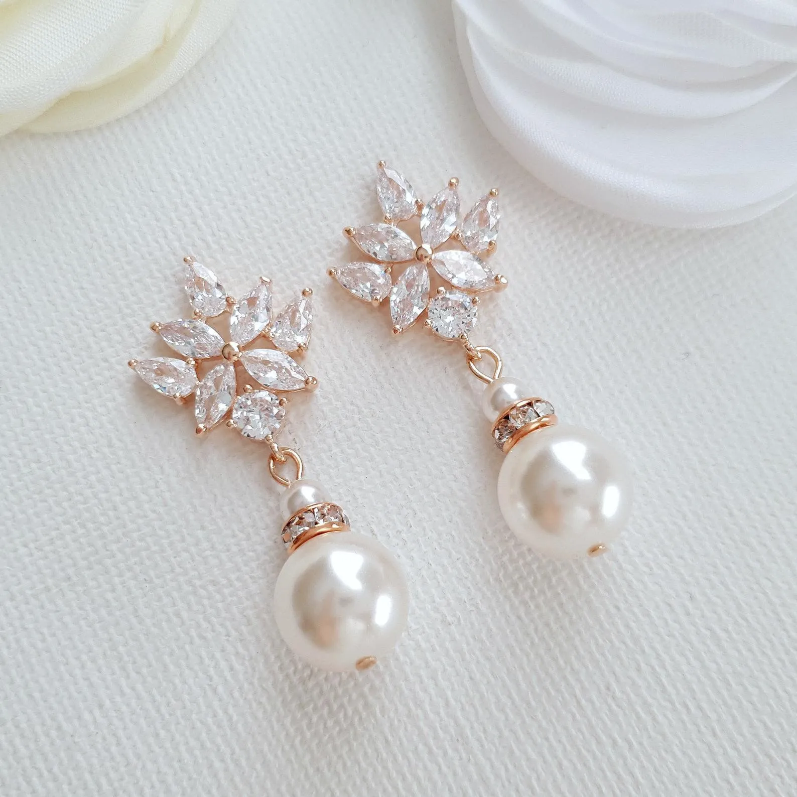 Bridal Drop Earrings Gold With Round Pearls- Rosa