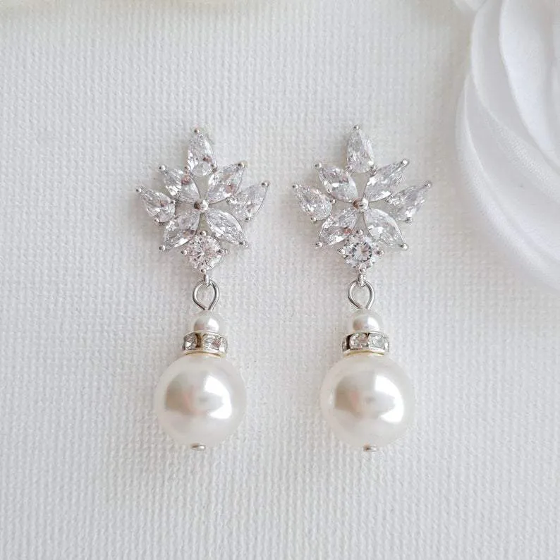 Bridal Drop Earrings Gold With Round Pearls- Rosa