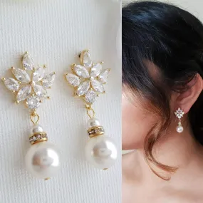 Bridal Drop Earrings Gold With Round Pearls- Rosa