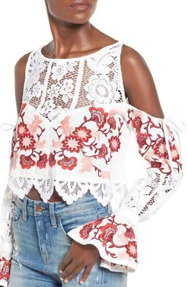 'Cecilia' Flower Embroidered Cold-Shoulder Crop Top - White or Black