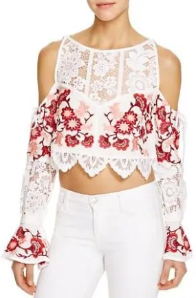 'Cecilia' Flower Embroidered Cold-Shoulder Crop Top - White or Black