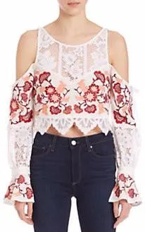 'Cecilia' Flower Embroidered Cold-Shoulder Crop Top - White or Black