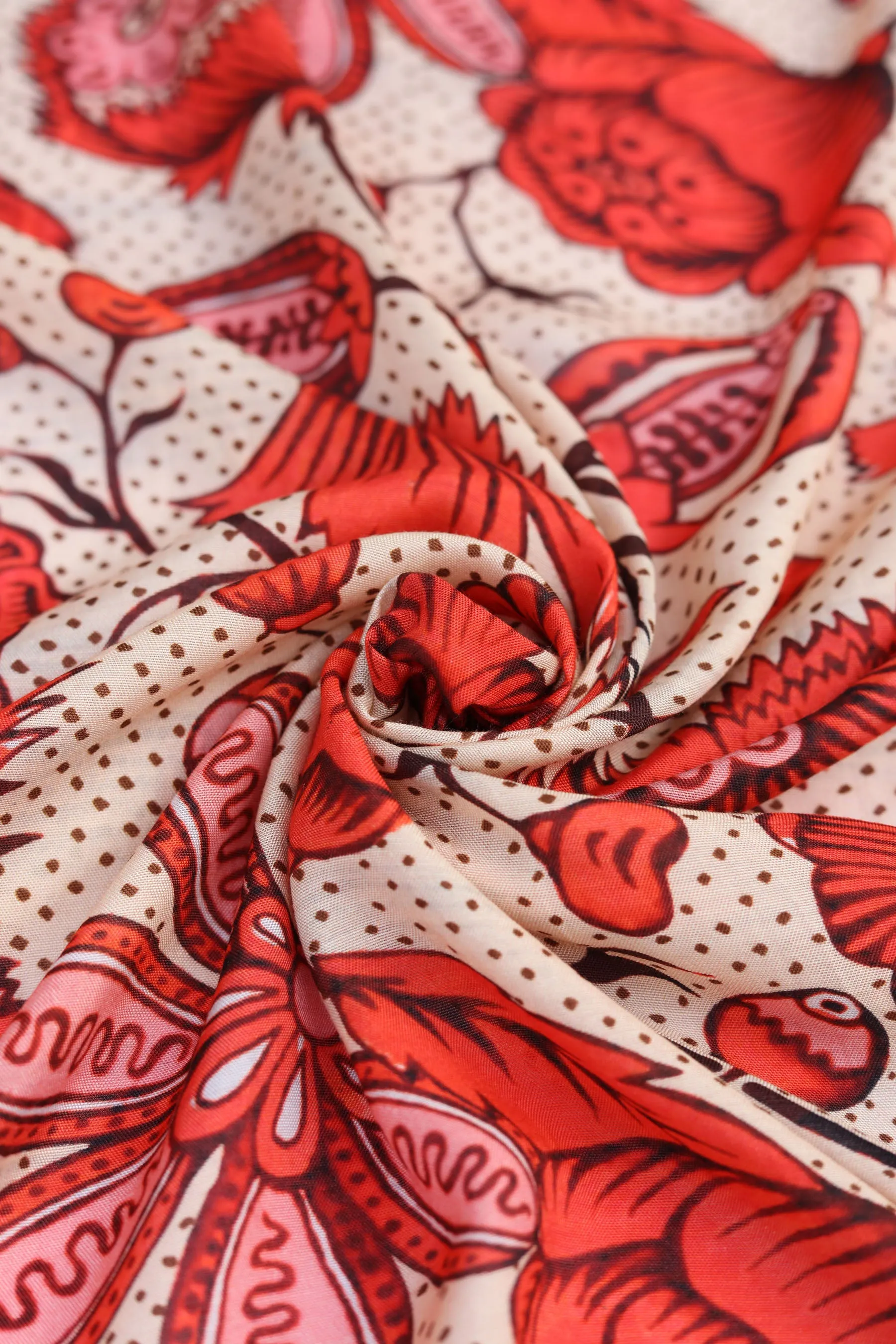 Cream-Red Floral Printed Natural Muslin Silk Fabric