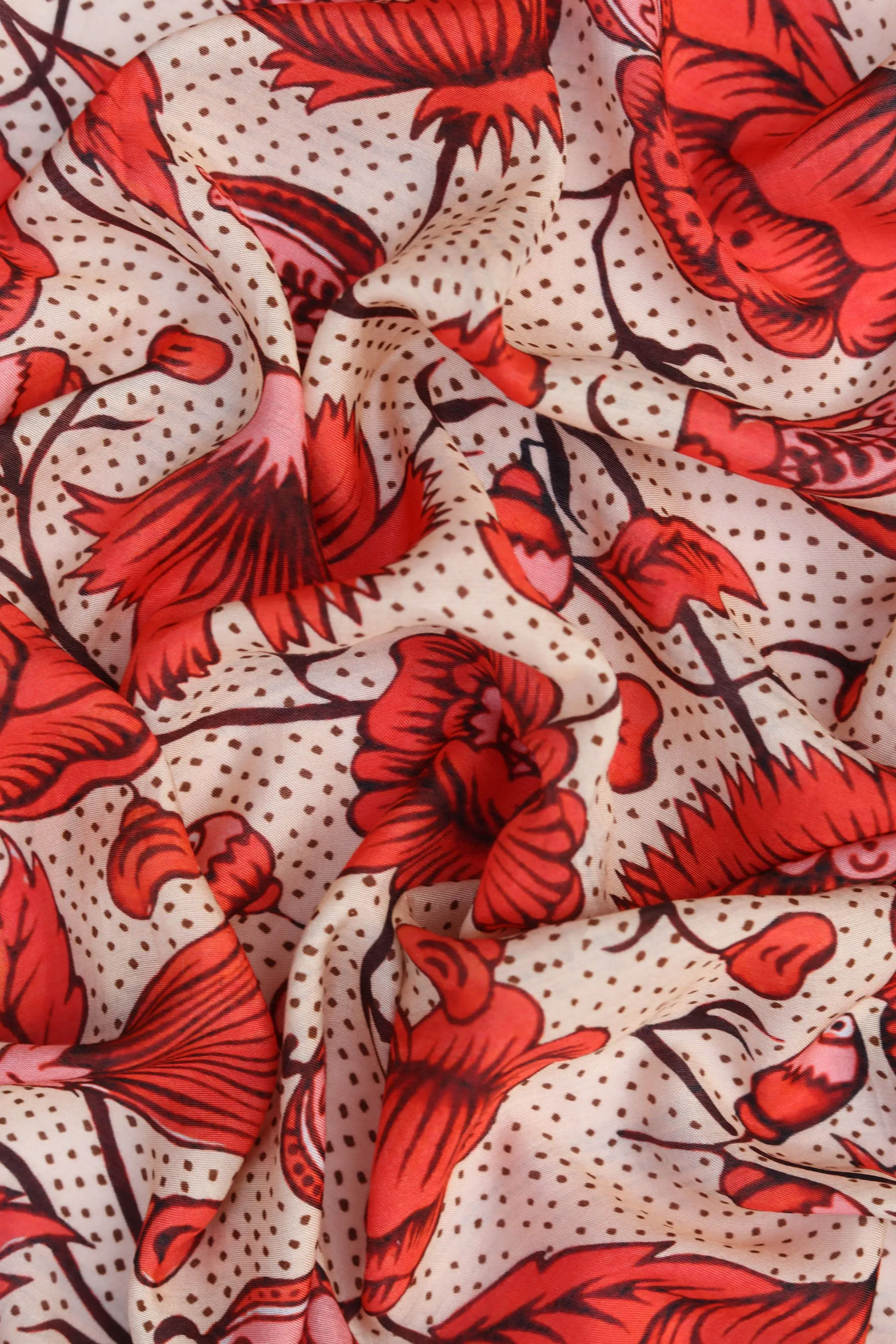 Cream-Red Floral Printed Natural Muslin Silk Fabric