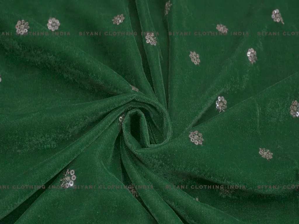 Dark Green Floral Boota Sequins Embroidered Velvet Fabric