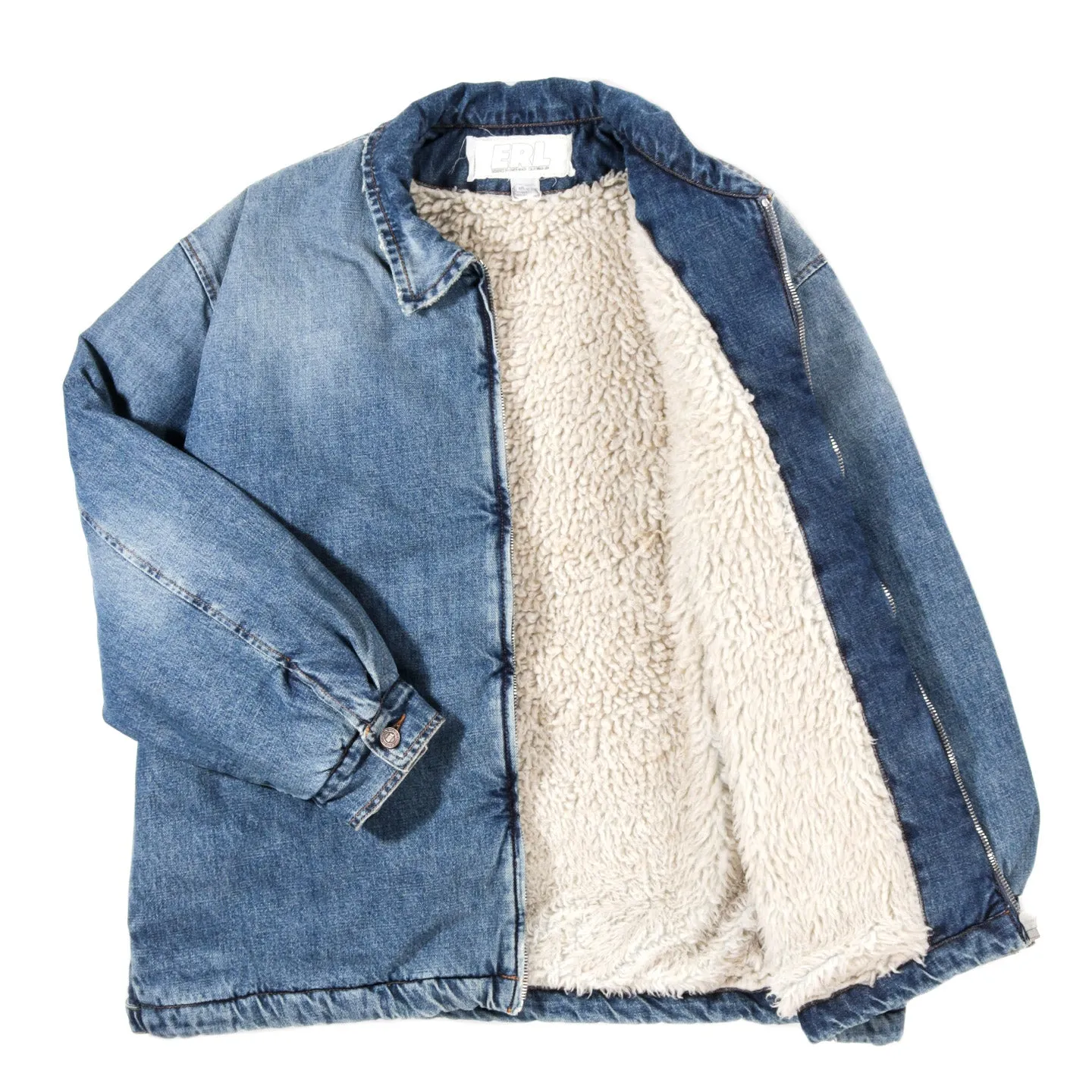 ERL DISTRESSED DENIM SHERPA COAT BLUE