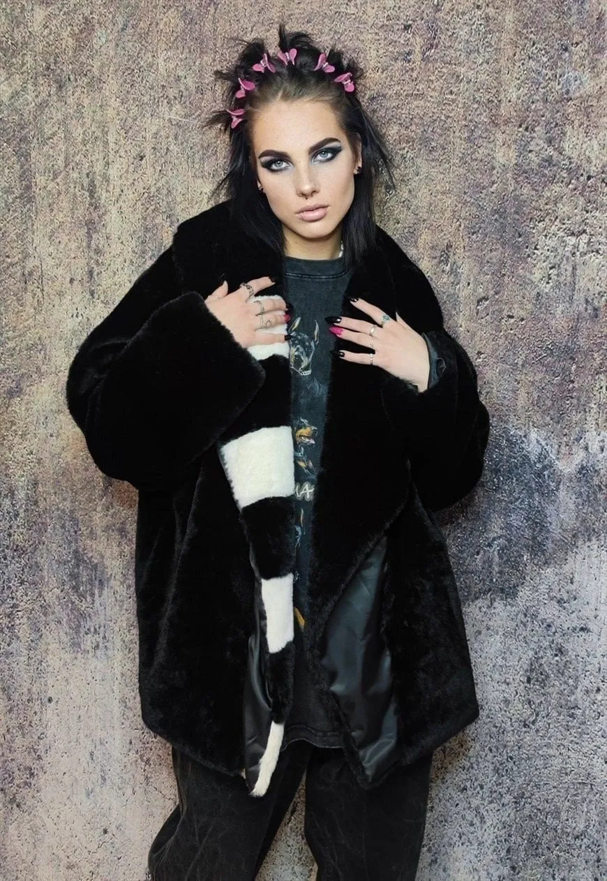 Faux fur coat fluffy trench jacket stripe bomber in black