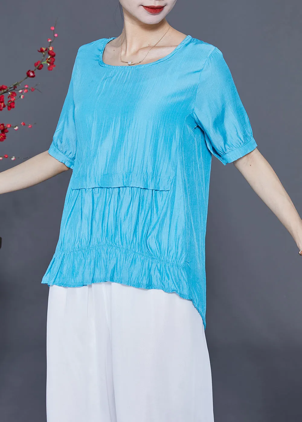 Fine Blue O-Neck Patchwork Silk Shirt Tops Summer LY2323