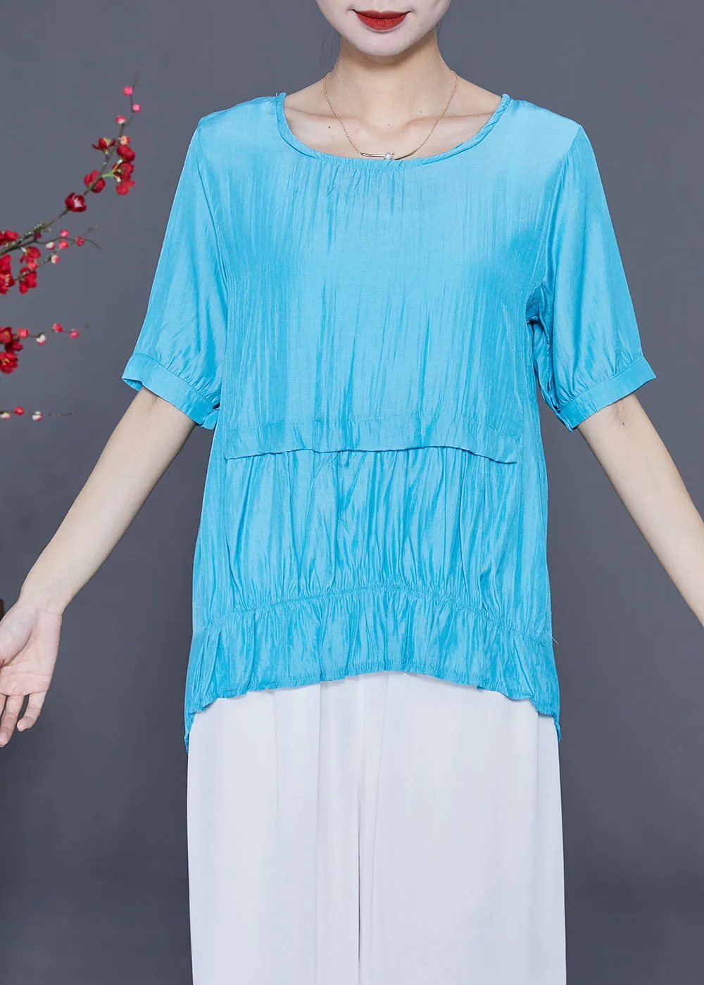 Fine Blue O-Neck Patchwork Silk Shirt Tops Summer LY2323