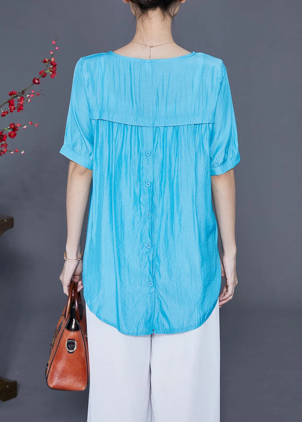 Fine Blue O-Neck Patchwork Silk Shirt Tops Summer LY2323