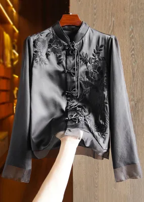 French Black Chinese Button Embroideried Patchwork Silk Tops Long Sleeve LY9800