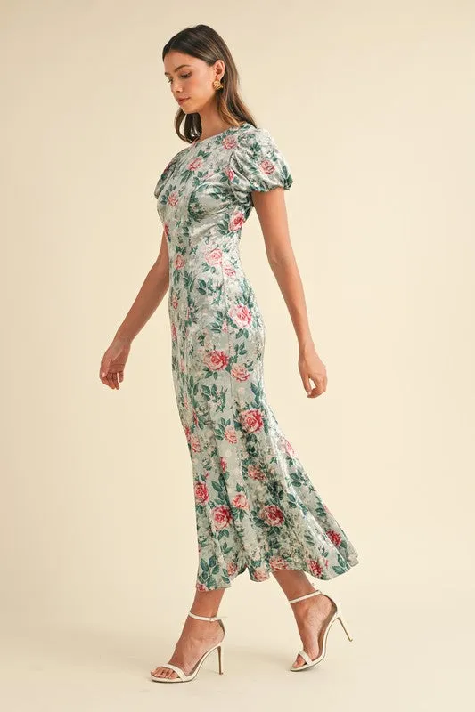 Green Puff Sleeve Velvet Floral Mermaid Midi Dress