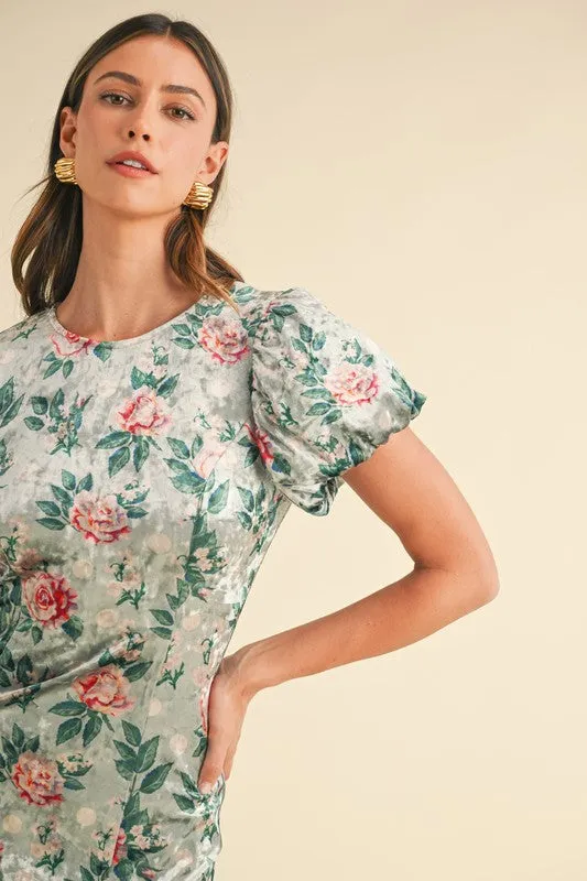 Green Puff Sleeve Velvet Floral Mermaid Midi Dress