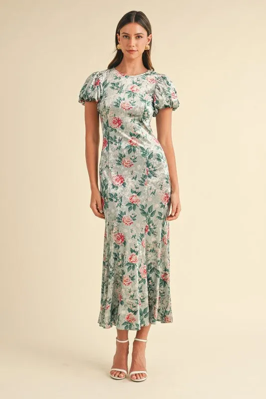 Green Puff Sleeve Velvet Floral Mermaid Midi Dress