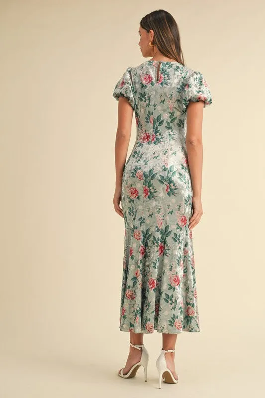 Green Puff Sleeve Velvet Floral Mermaid Midi Dress