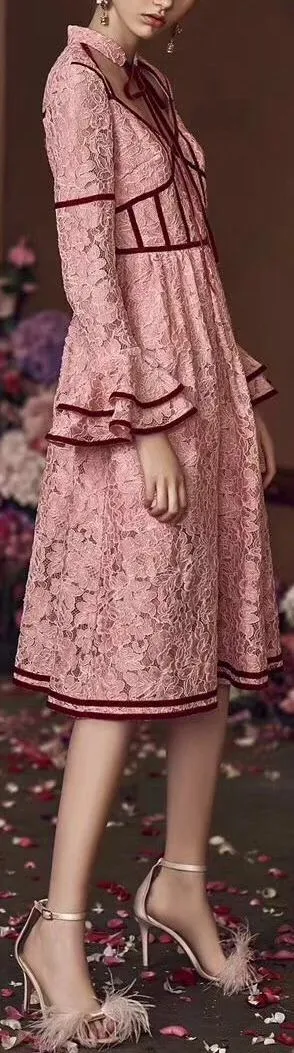 Lace Dress with Velvet Paneling, Pink