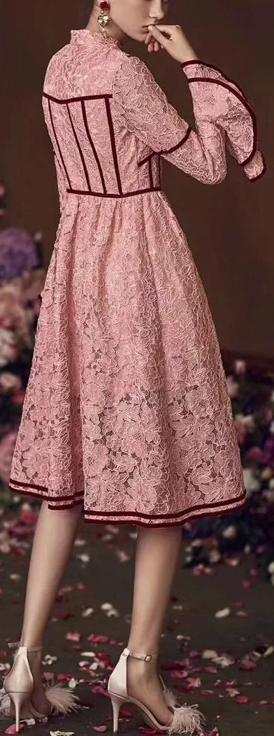 Lace Dress with Velvet Paneling, Pink