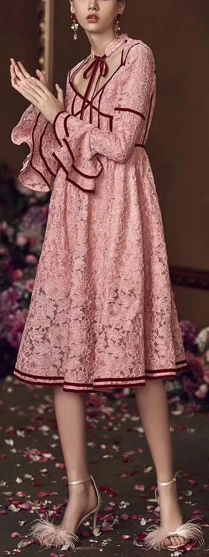 Lace Dress with Velvet Paneling, Pink