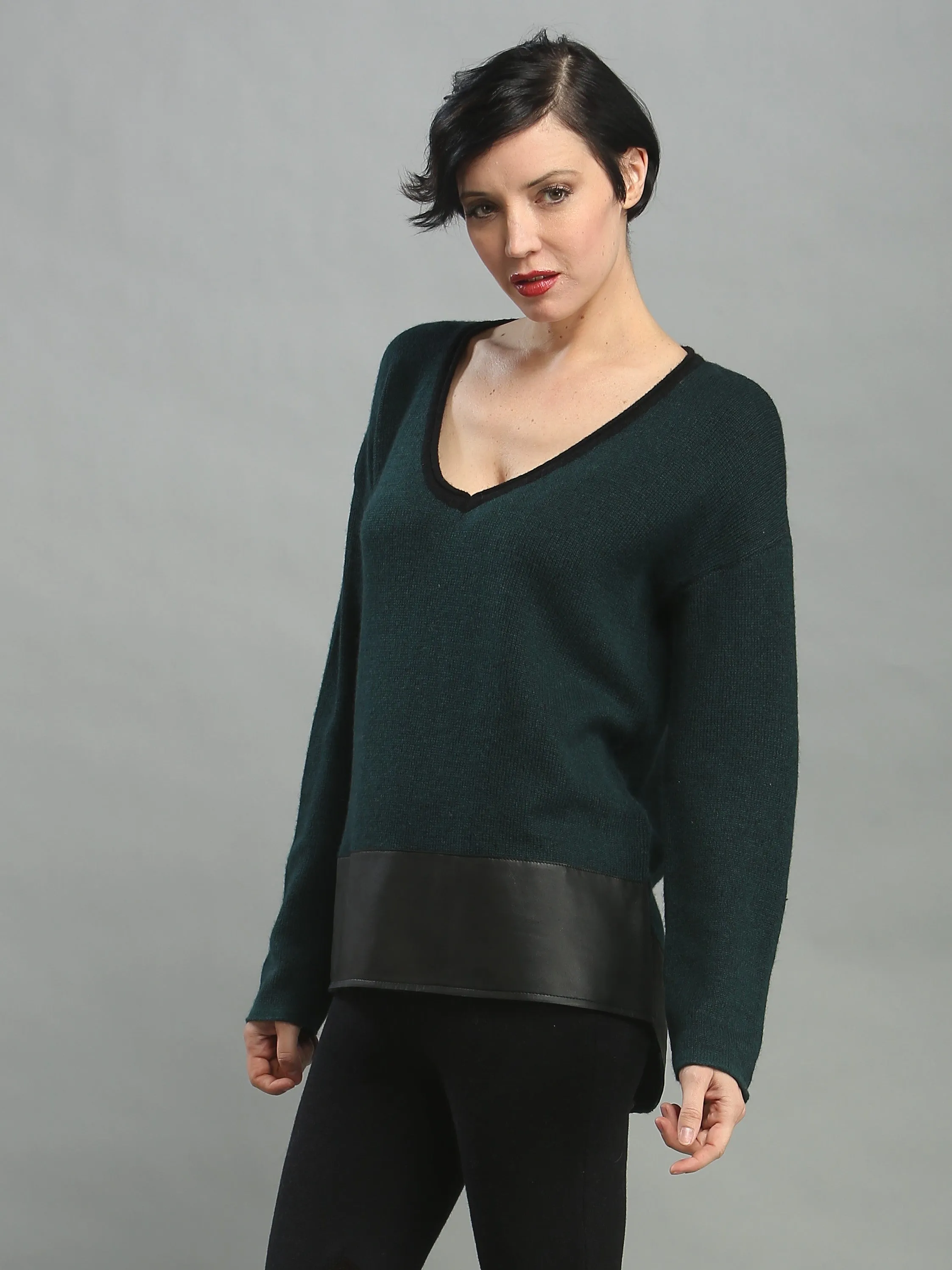 Leather Hem V-Neck Pullover