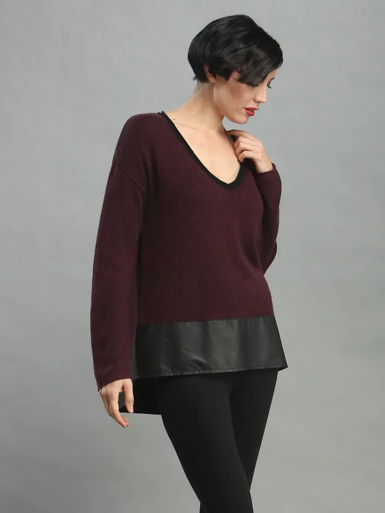 Leather Hem V-Neck Pullover