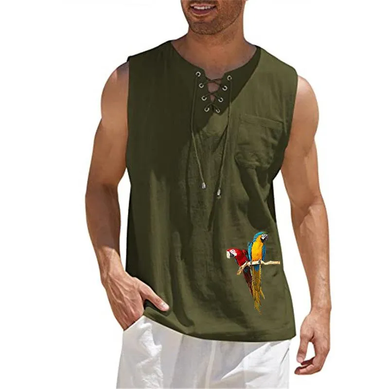 Men's Fashion Print Bird Cotton Linen Vest 34877073YM