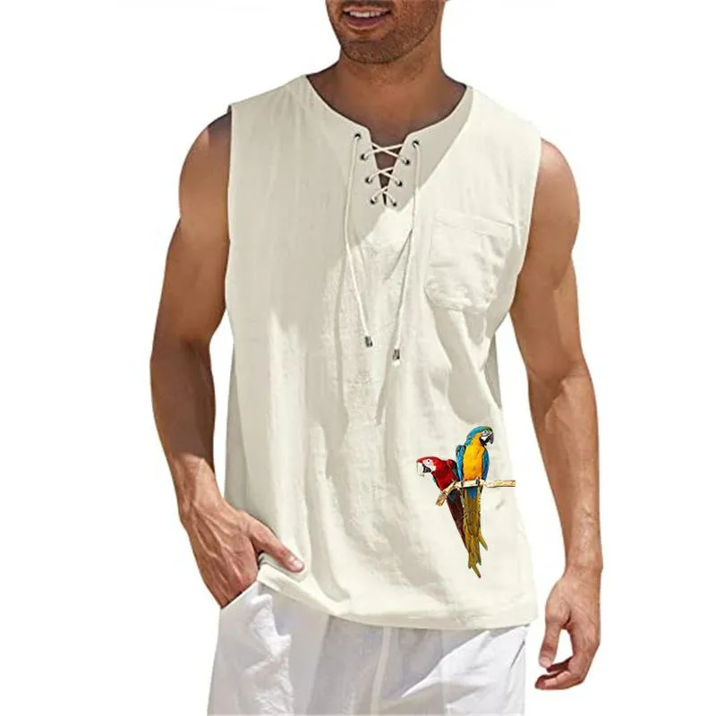 Men's Fashion Print Bird Cotton Linen Vest 34877073YM