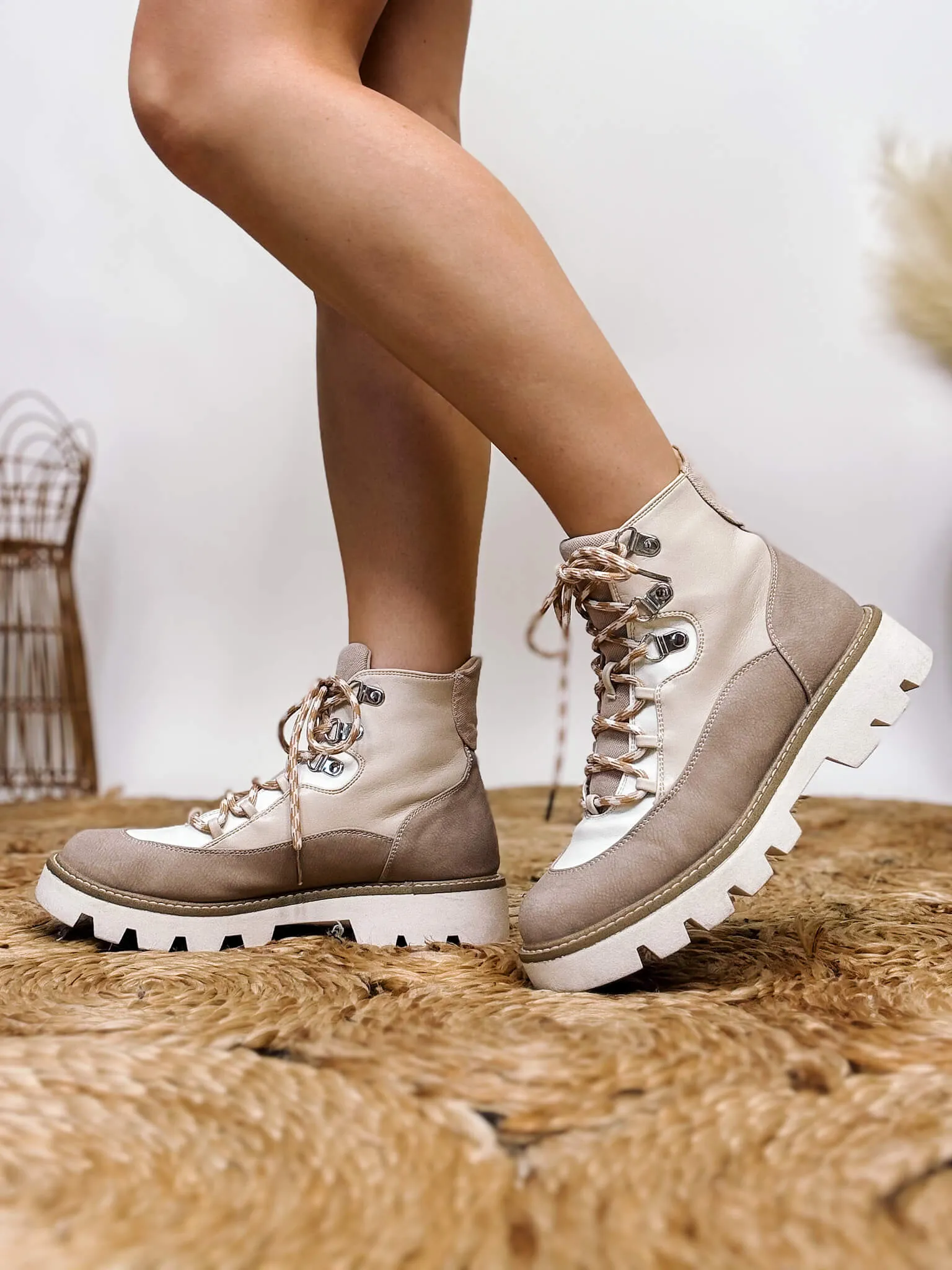 Neutral Cream Lace Up Slip On Lug Sole Pfeiffer Booties by Chinese Laundry