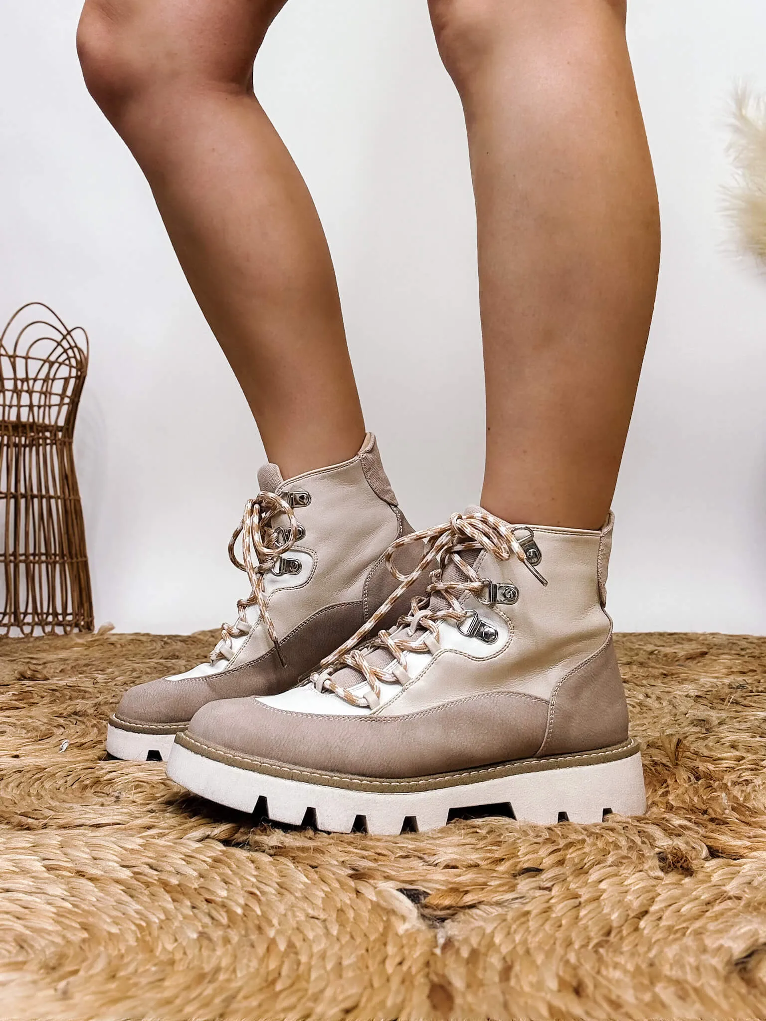 Neutral Cream Lace Up Slip On Lug Sole Pfeiffer Booties by Chinese Laundry