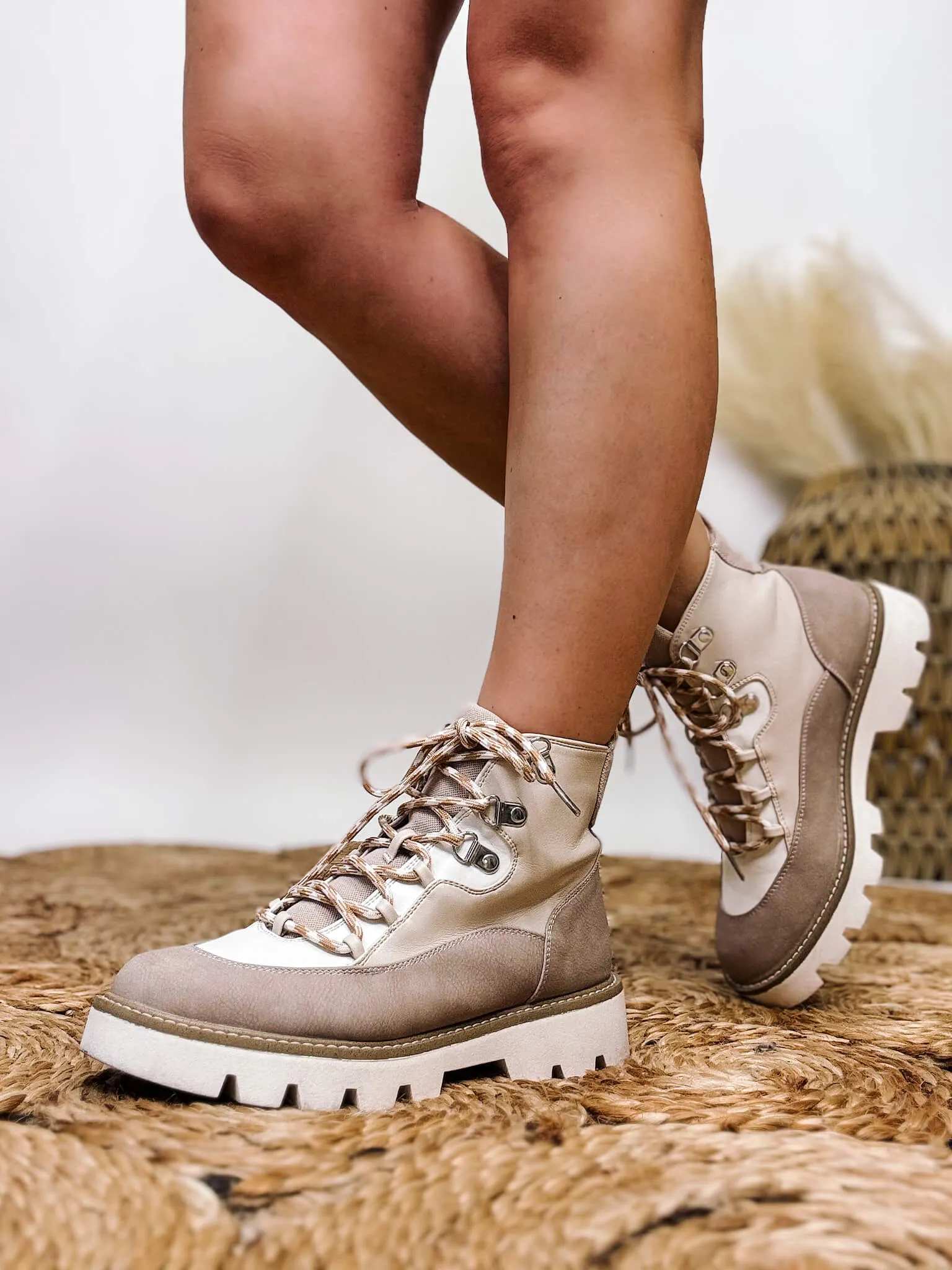 Neutral Cream Lace Up Slip On Lug Sole Pfeiffer Booties by Chinese Laundry