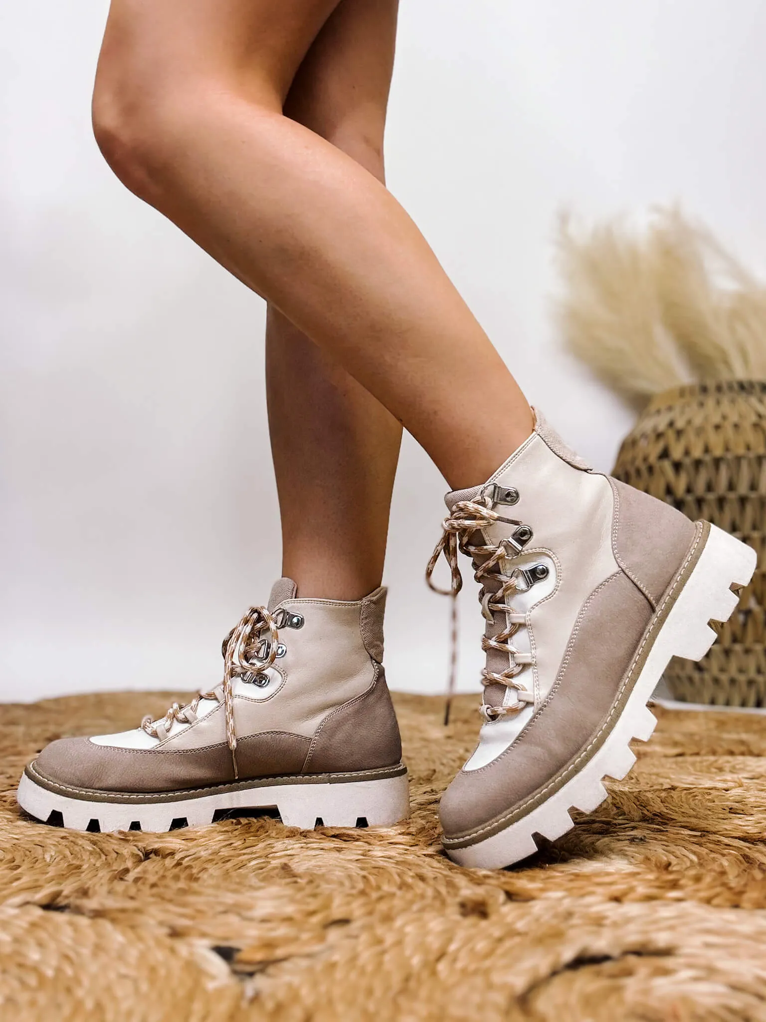 Neutral Cream Lace Up Slip On Lug Sole Pfeiffer Booties by Chinese Laundry