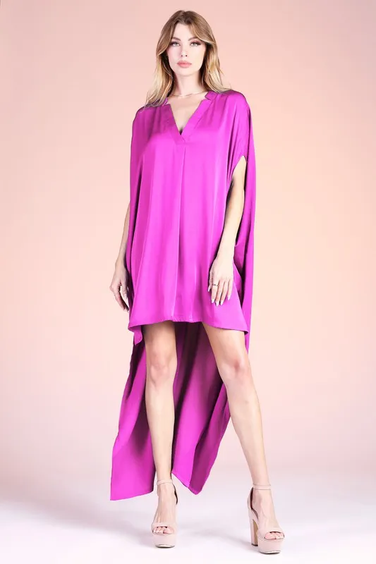 Orchid Washed Poly Silk Notched High Low Caftan Dress