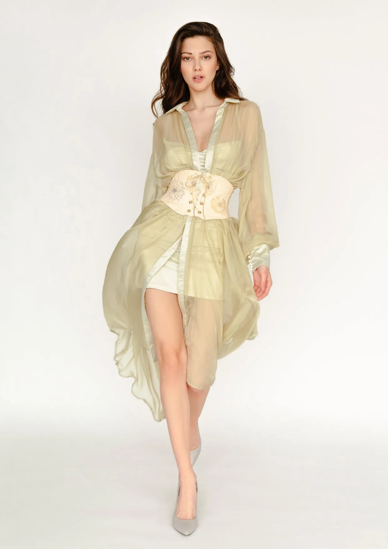 Pistachio Cream Sheer Satin Chiffon Midi Dress